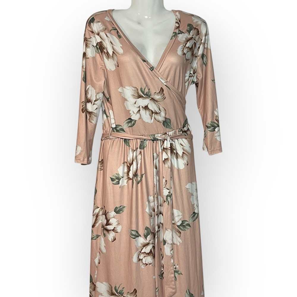 Zattcas Mock Wrap Short Sleeve Apricot Ivory Floral Maxi Dress Size Medium‎